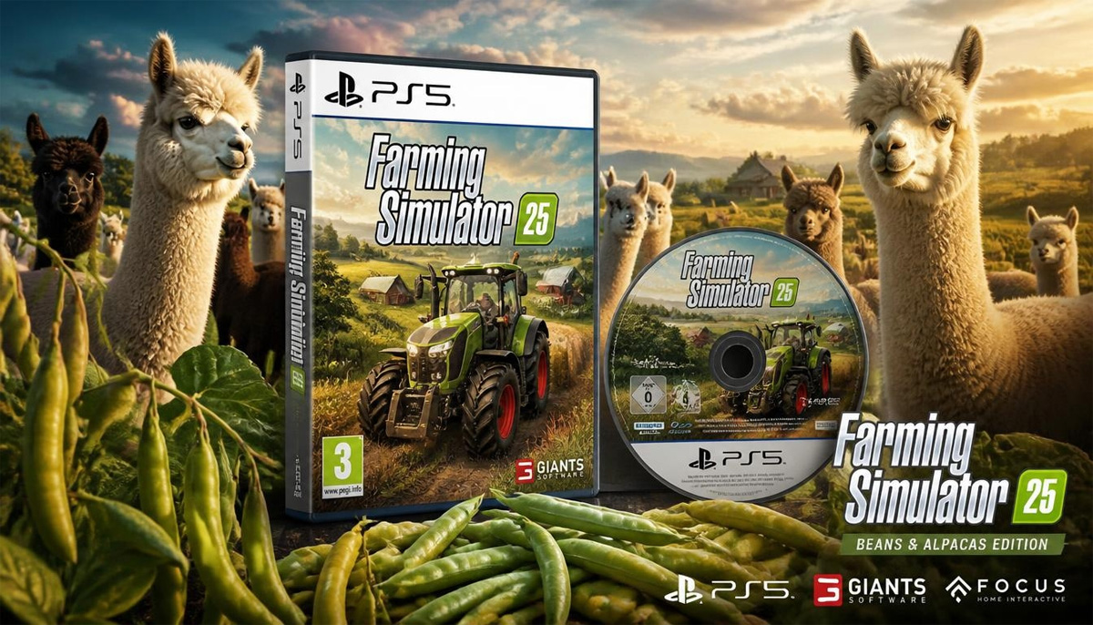 místo Farming Simulator 26 vychází PS5 hra Farming Simulator 25 Beans & Alpacas