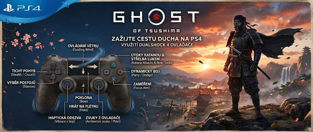 Ghost of Tsushima na PS4 skvěle využívá funkcí Dualshock 4 ovladače Ghost of Tsushima na PS4 skvěle využívá funkcí Dualshock 4 ovladače