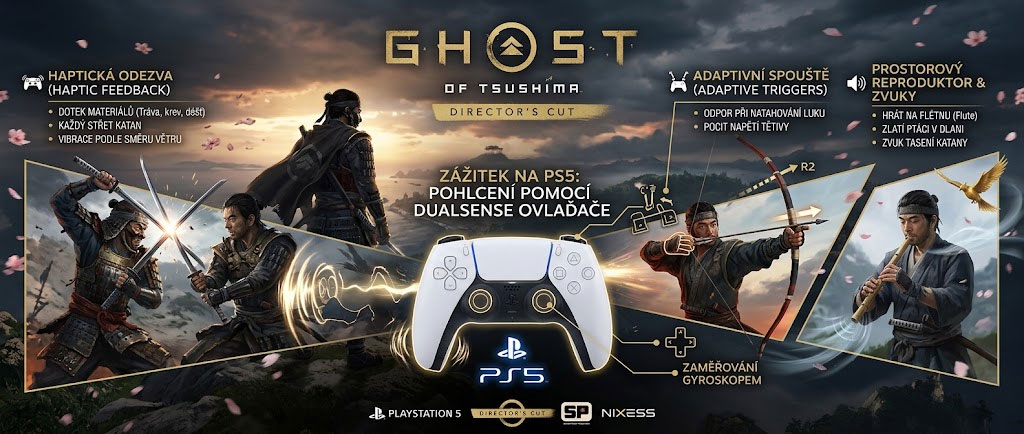 Ghost of Tsushima na PS5 skvěle využívá funkcí Dualsense ovladače Ghost of Tsushima na PS5 parádně využívá funkce Dualsense PS5 ovladače