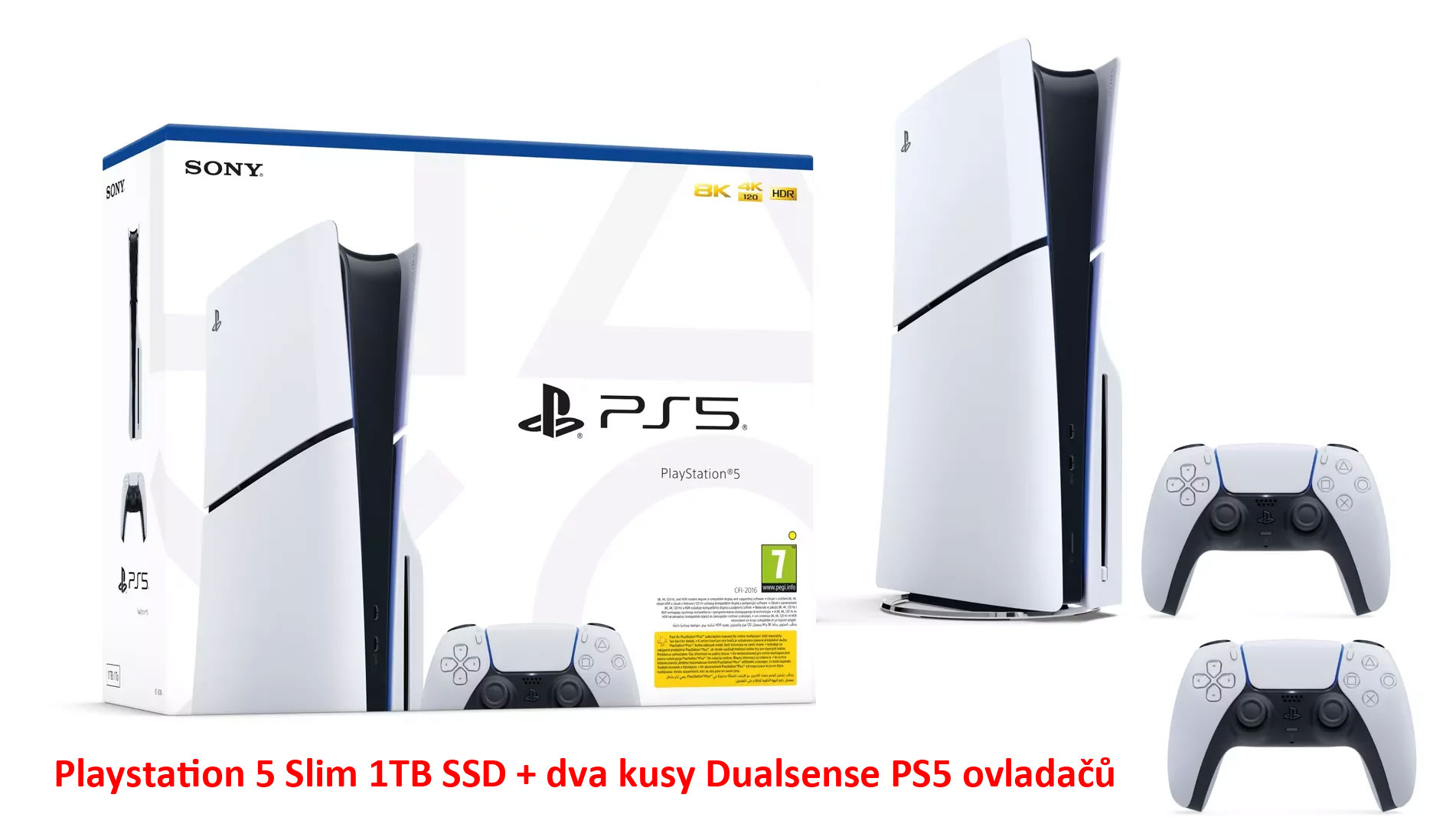 Sony PS5 Slim s 1TB SSD úložištěm, optickou mechanikou blu-ray a 2 x Dualsense bezdrátový ovladač