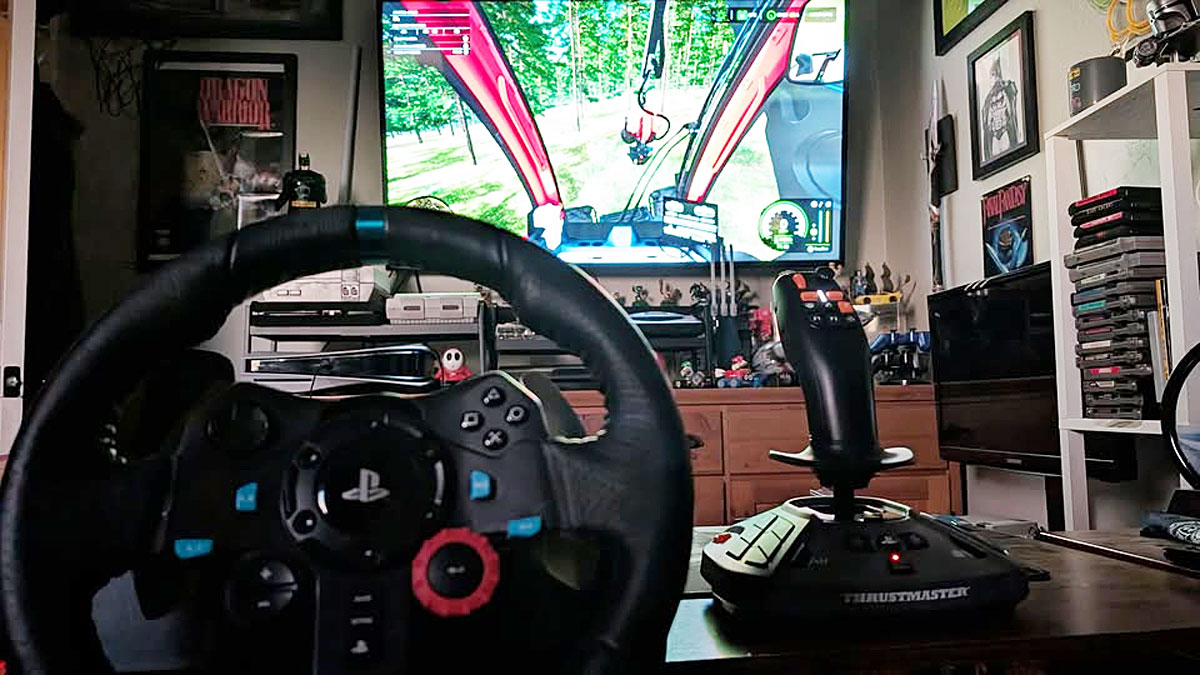 farmářský joystick na PS5 a volant logitech pro hru Farming Simulator 25 farmářský joystick na PS5 a volant logitech pro hru Farming Simulator 25